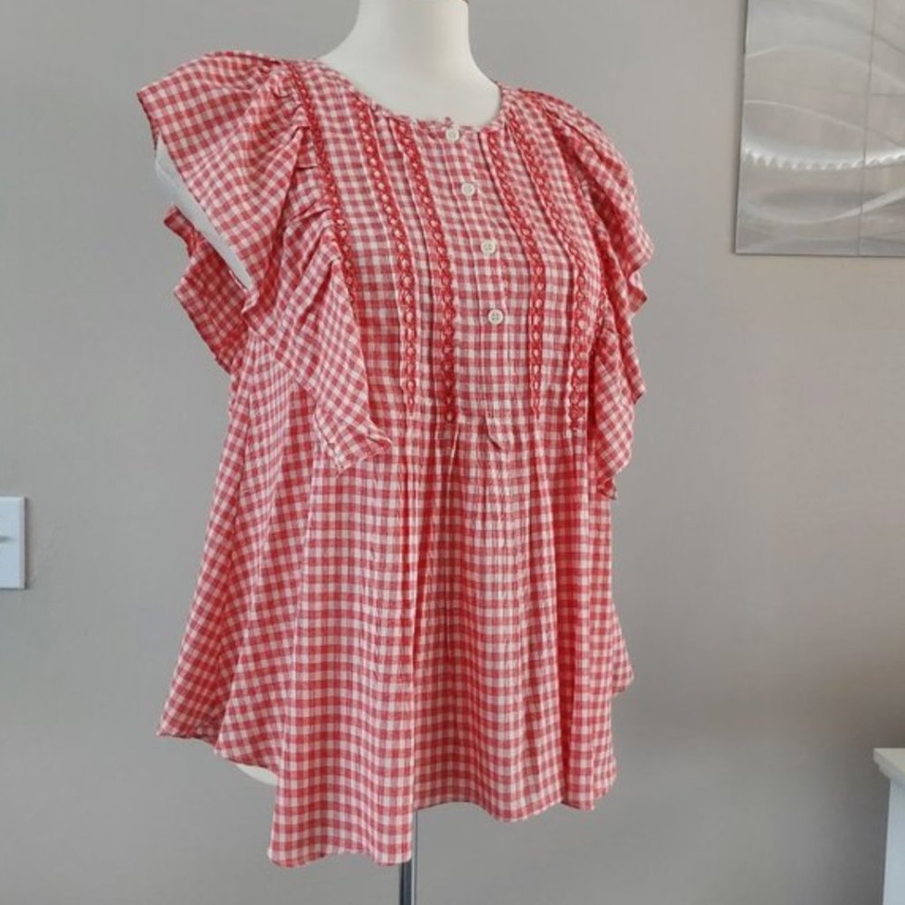 Max Studio Red Gingham Flutter Sleeve Blouse - image 2